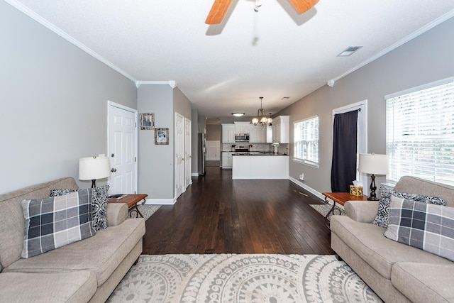 living room with ceiling fan with notable chandelier, crown molding, and dark wood-type flooring