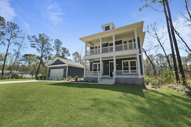 4235 Royal Harbor Rd, Hollywood, SC 29449 - view of front of home featuring an outdoor structure, a porch, a front lawn, a balcony, and a garage