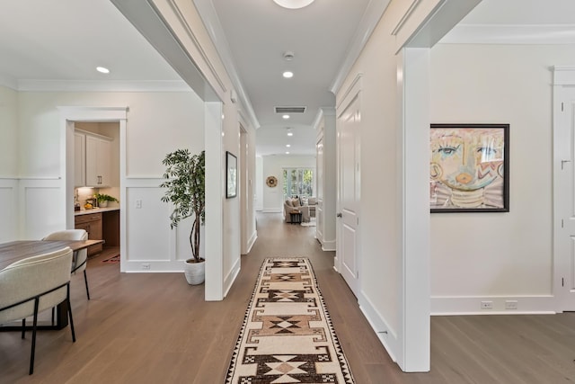 4235 Royal Harbor Rd, Hollywood, SC 29449 - corridor with a decorative wall, dark wood-style flooring, ornamental molding, and visible vents