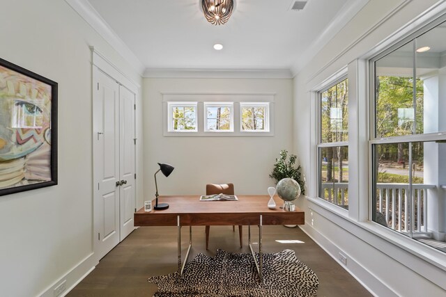 4235 Royal Harbor Rd, Hollywood, SC 29449 - office space with crown molding, visible vents, baseboards, and dark wood-style flooring
