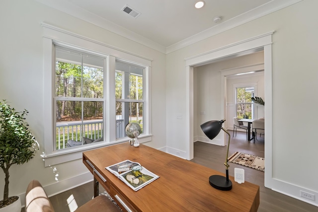 4235 Royal Harbor Rd, Hollywood, SC 29449 - home office with baseboards, visible vents, dark wood-style flooring, and ornamental molding