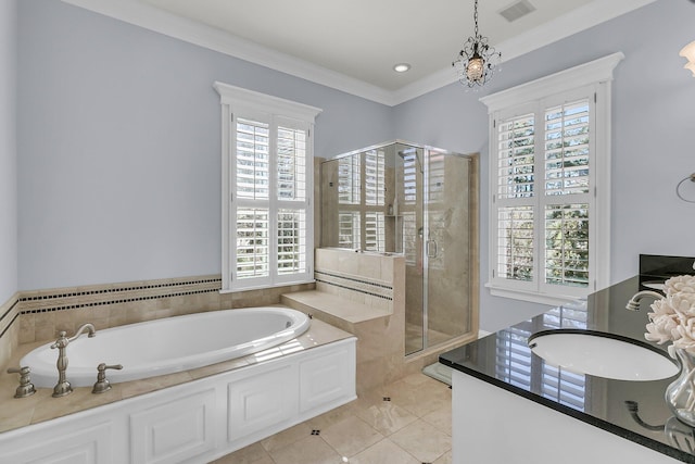 bathroom featuring tile patterned flooring, visible vents, ornamental molding, a stall shower, and a bath