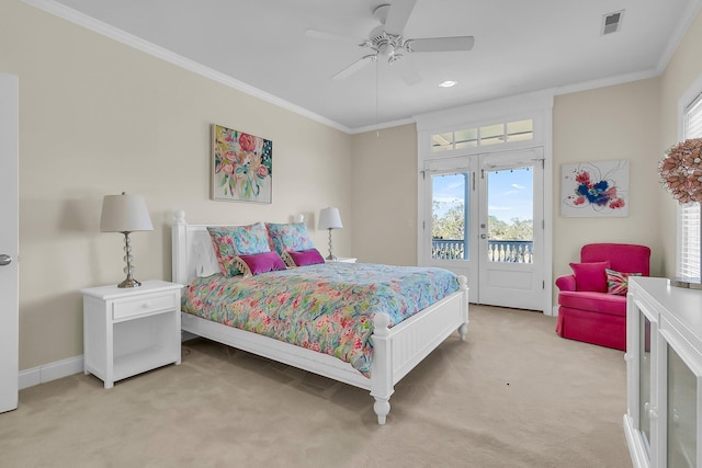 bedroom with visible vents, ornamental molding, light carpet, french doors, and access to outside