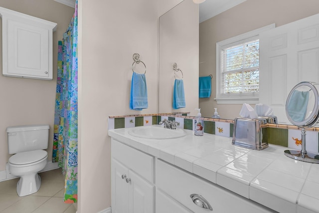 full bath with tile patterned flooring, toilet, and vanity