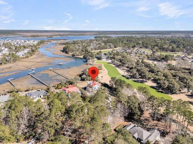 bird's eye view featuring a view of trees and a water view