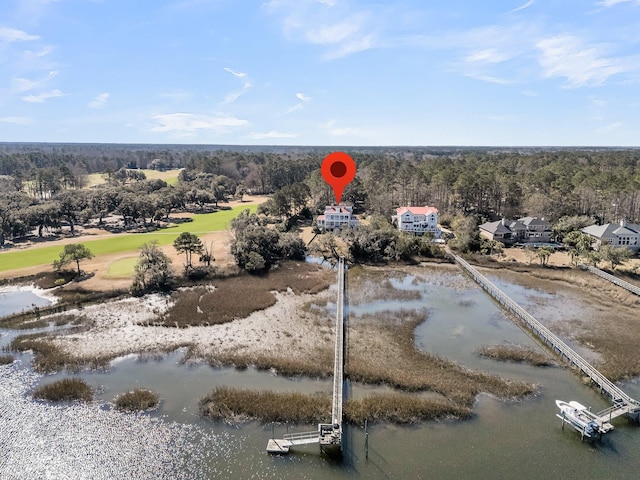 bird's eye view with a forest view and a water view