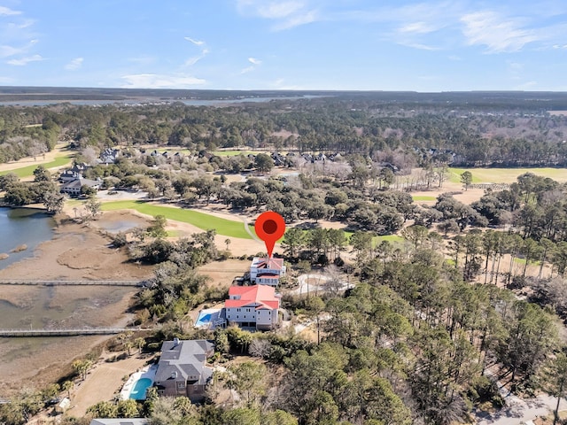 bird's eye view featuring view of golf course and a water view