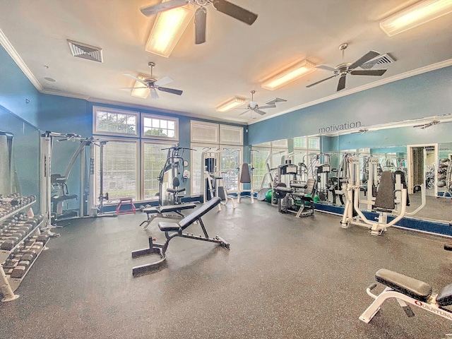 gym with visible vents and ornamental molding