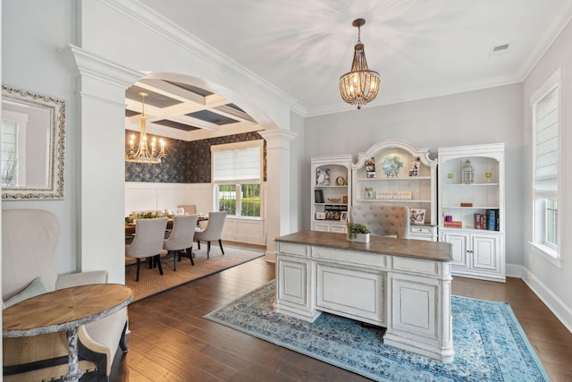 525 Yellow Tower Ter, Charleston, SC 29412 - home office featuring a chandelier, decorative columns, plenty of natural light, coffered ceiling, and ornamental molding