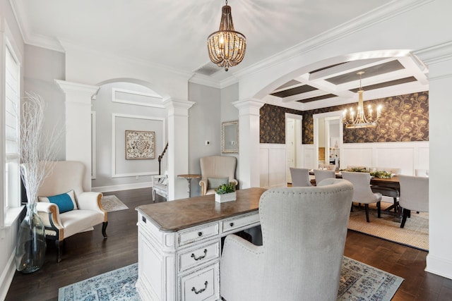 525 Yellow Tower Ter, Charleston, SC 29412 - office space featuring arched walkways, decorative columns, a chandelier, coffered ceiling, and dark wood finished floors