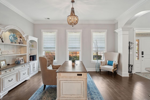 525 Yellow Tower Ter, Charleston, SC 29412 - dining room featuring dark wood-style flooring, arched walkways, a chandelier, crown molding, and ornate columns