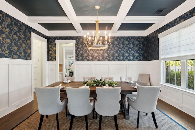 525 Yellow Tower Ter, Charleston, SC 29412 - dining area featuring a chandelier, beamed ceiling, dark wood-style floors, coffered ceiling, and a decorative wall