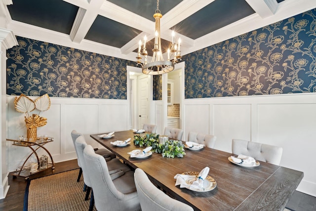 525 Yellow Tower Ter, Charleston, SC 29412 - dining room featuring coffered ceiling, a chandelier, beamed ceiling, crown molding, and a decorative wall