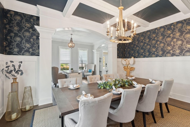 525 Yellow Tower Ter, Charleston, SC 29412 - dining area featuring decorative columns, a decorative wall, a chandelier, coffered ceiling, and ornamental molding
