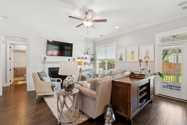 525 Yellow Tower Ter, Charleston, SC 29412 - living area with ceiling fan, plenty of natural light, dark wood finished floors, crown molding, and recessed lighting
