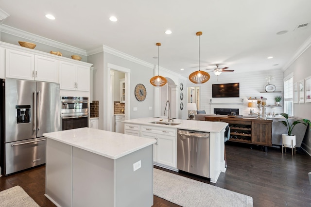 525 Yellow Tower Ter, Charleston, SC 29412 - kitchen with appliances with stainless steel finishes, a center island with sink, a ceiling fan, a fireplace, and open floor plan