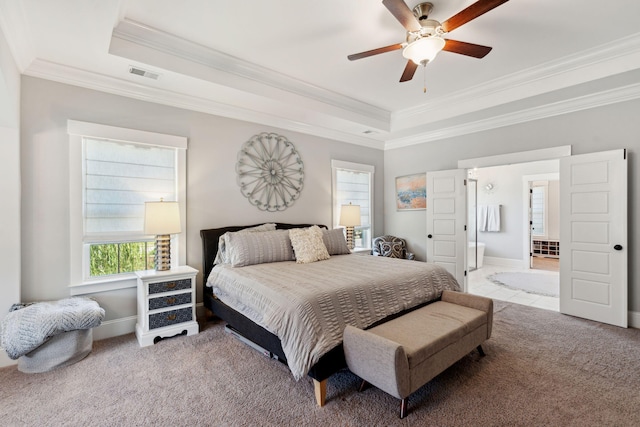 525 Yellow Tower Ter, Charleston, SC 29412 - carpeted bedroom with a raised ceiling, ornamental molding, ceiling fan, and ensuite bathroom