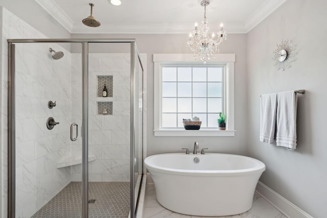 525 Yellow Tower Ter, Charleston, SC 29412 - full bath with marble finish floors, a soaking tub, a shower stall, a chandelier, and ornamental molding