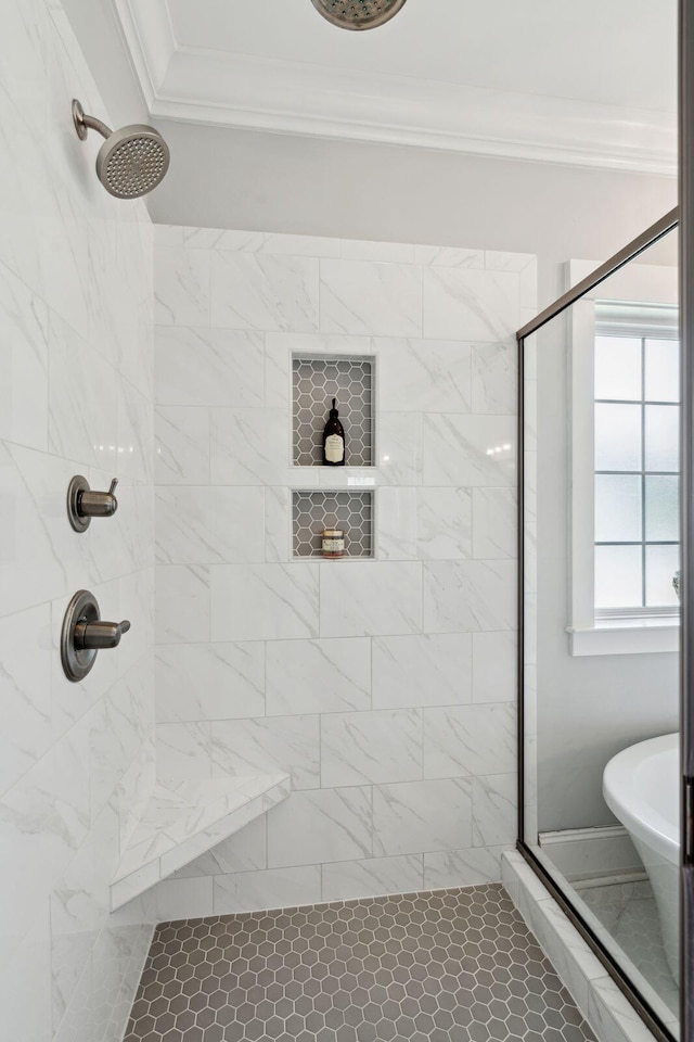 525 Yellow Tower Ter, Charleston, SC 29412 - bathroom featuring crown molding and a shower stall