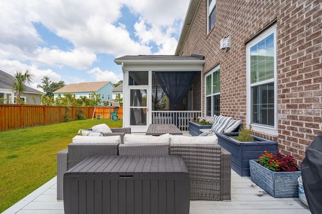 525 Yellow Tower Ter, Charleston, SC 29412 - deck featuring an outdoor living space, a sunroom, a fenced backyard, and a wall mounted AC