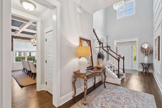 525 Yellow Tower Ter, Charleston, SC 29412 - foyer with a chandelier, stairway, healthy amount of natural light, dark wood-style flooring, and beamed ceiling