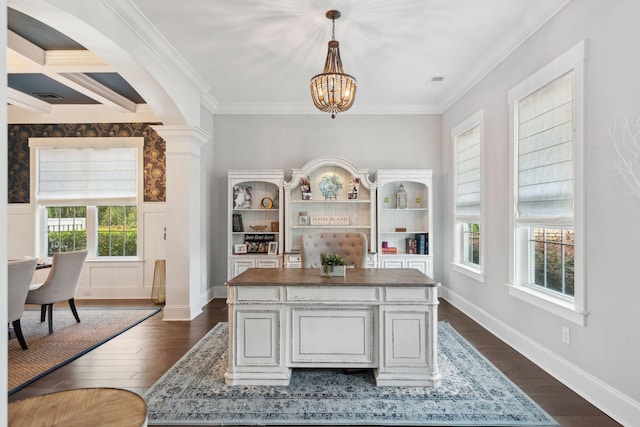525 Yellow Tower Ter, Charleston, SC 29412 - home office with ornamental molding, arched walkways, a chandelier, dark wood-style flooring, and beamed ceiling
