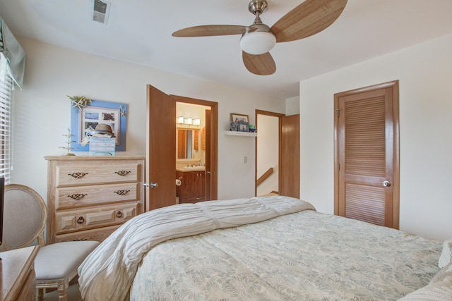 bedroom featuring a closet, connected bathroom, visible vents, and a ceiling fan