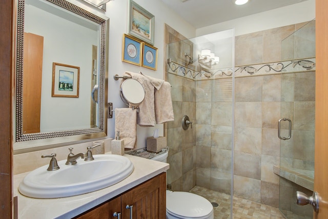 bathroom featuring toilet, a stall shower, and vanity