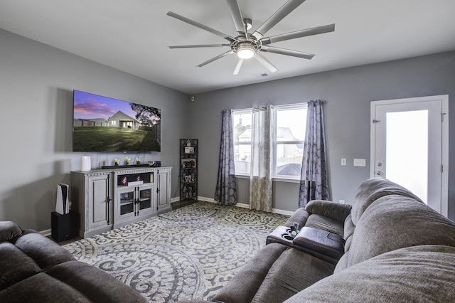 living room with ceiling fan