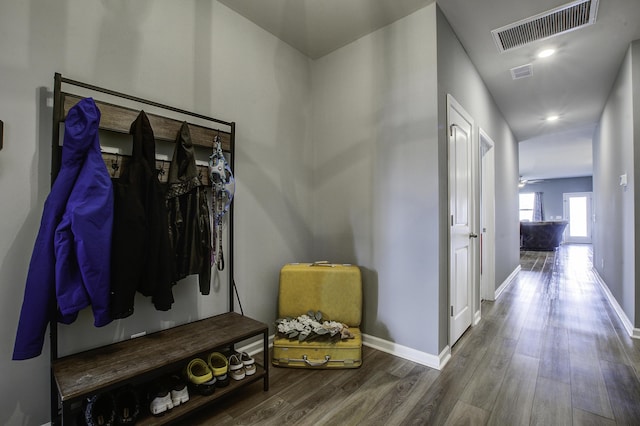 mudroom featuring hardwood / wood-style floors and ceiling fan