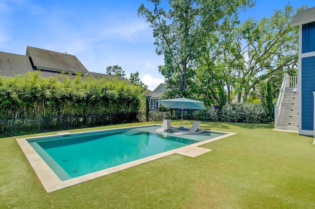 2557 Hatch Dr, Johns Island, SC 29455 - view of pool with a fenced backyard, a fenced in pool, stairs, a patio area, and a yard