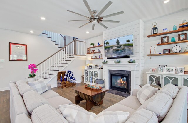 2557 Hatch Dr, Johns Island, SC 29455 - living area featuring a ceiling fan, stairs, wood finished floors, baseboards, and recessed lighting