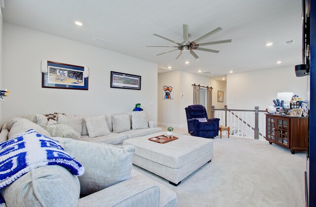 2557 Hatch Dr, Johns Island, SC 29455 - living area with ceiling fan, a barn door, carpet floors, recessed lighting, and visible vents