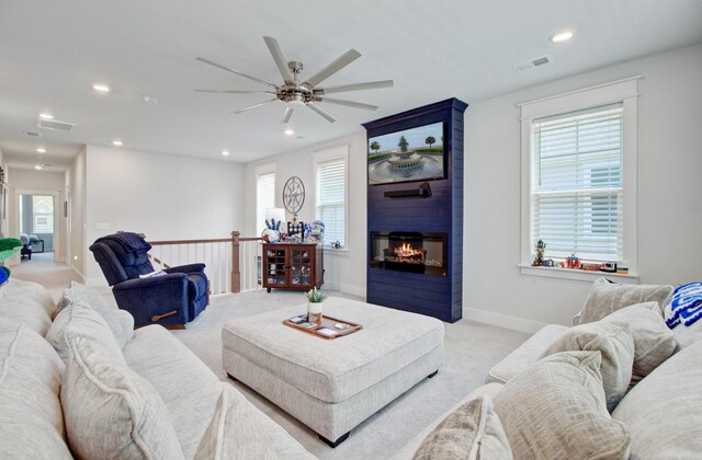 2557 Hatch Dr, Johns Island, SC 29455 - living room featuring a ceiling fan, light colored carpet, visible vents, a large fireplace, and recessed lighting