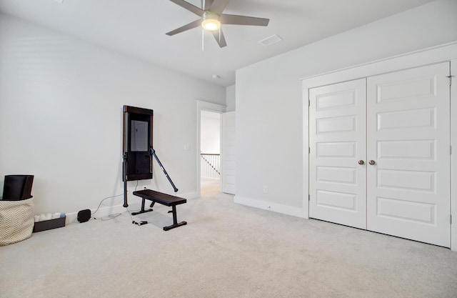 2557 Hatch Dr, Johns Island, SC 29455 - exercise area with carpet floors, baseboards, ceiling fan, and visible vents