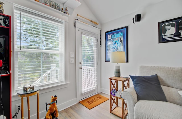 2557 Hatch Dr, Johns Island, SC 29455 - doorway with baseboards, vaulted ceiling, and wood finished floors