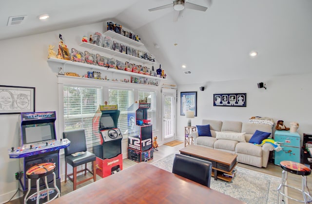 2557 Hatch Dr, Johns Island, SC 29455 - living area featuring high vaulted ceiling, a ceiling fan, wood finished floors, and visible vents