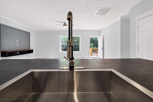 183 Waverly Rd, Walterboro, SC 29488 - interior details featuring crown molding, a sink, a textured ceiling, a ceiling fan, and visible vents