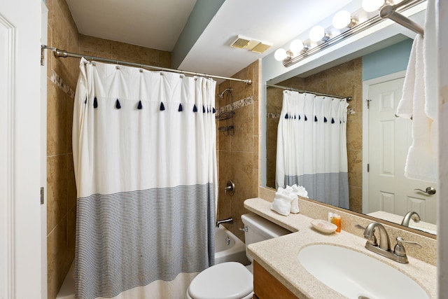 bathroom with visible vents, shower / bath combination with curtain, toilet, and vanity