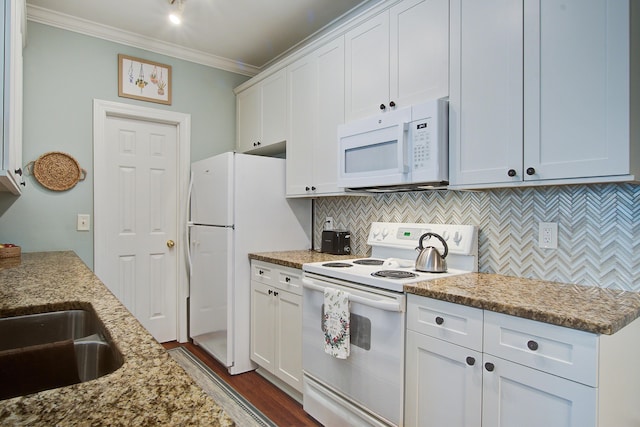 1335 Hopton Cir Unit 1335, Mount Pleasant, SC 29466 - kitchen with white appliances, crown molding, white cabinets, decorative backsplash, and dark wood-style flooring