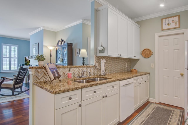1335 Hopton Cir Unit 1335, Mount Pleasant, SC 29466 - kitchen with dishwasher, a sink, ornamental molding, dark wood-style floors, and light stone counters