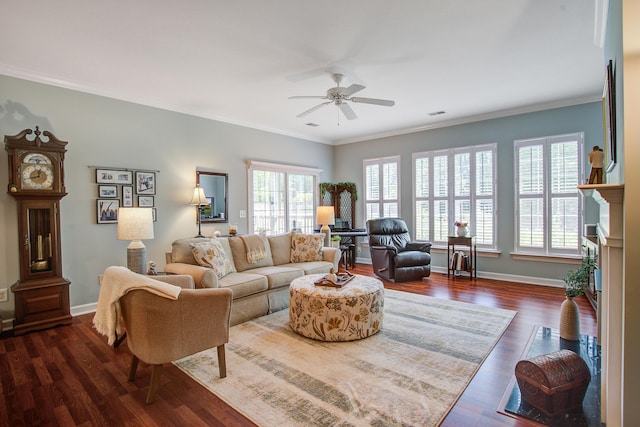 1335 Hopton Cir Unit 1335, Mount Pleasant, SC 29466 - living room with ceiling fan, crown molding, dark wood finished floors, and baseboards
