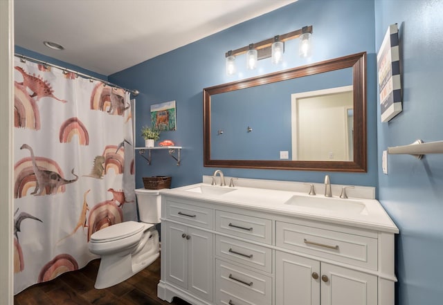 44 S Basilica Ave, Hanahan, SC 29410 - full bathroom with toilet, double vanity, wood finished floors, and a shower with curtain