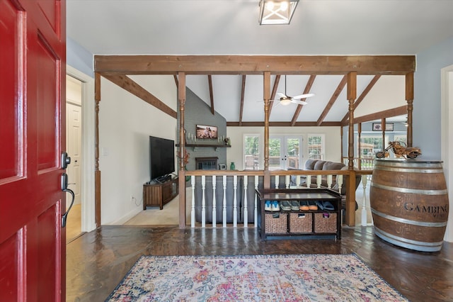 44 S Basilica Ave, Hanahan, SC 29410 - foyer entrance with a ceiling fan, a brick fireplace, and baseboards
