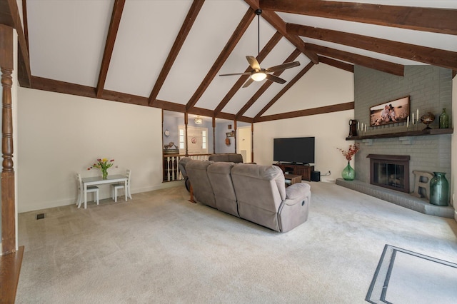 44 S Basilica Ave, Hanahan, SC 29410 - living area with beam ceiling, high vaulted ceiling, ceiling fan, a brick fireplace, and carpet floors
