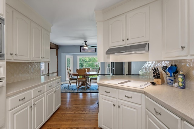 44 S Basilica Ave, Hanahan, SC 29410 - kitchen with under cabinet range hood, a ceiling fan, white electric stovetop, backsplash, and wood finished floors