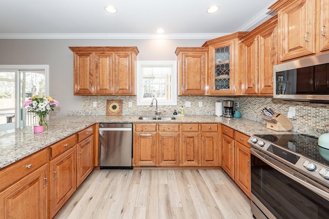 kitchen with a healthy amount of sunlight, appliances with stainless steel finishes, crown molding, and a sink