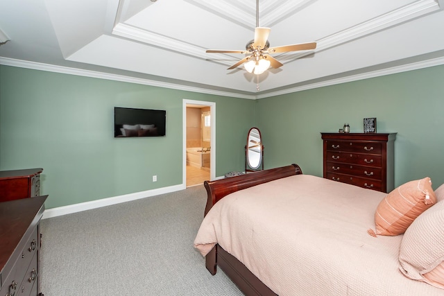 bedroom with ornamental molding, connected bathroom, carpet floors, baseboards, and ceiling fan