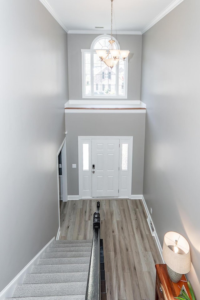 foyer featuring wood finished floors, baseboards, a towering ceiling, and ornamental molding