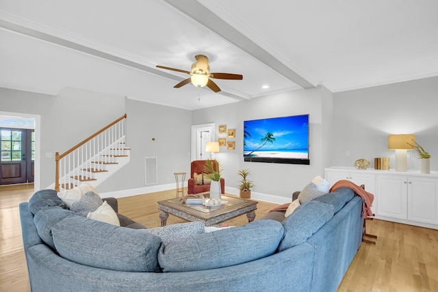 living room with stairs, ceiling fan, baseboards, recessed lighting, and light wood-style floors